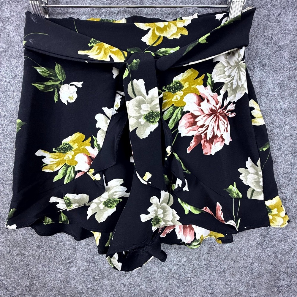 Re:named Mini Paper Bag Shorts Womens‎ S Black Tropical Floral Print Ruffle Hem